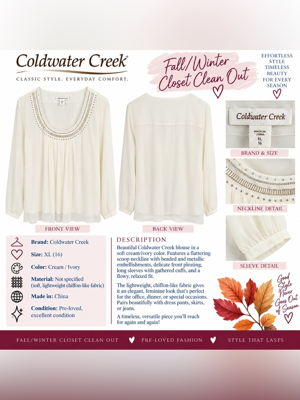 Coldwater Creek Cream Ivory Beaded Scoop-Neck Blouse